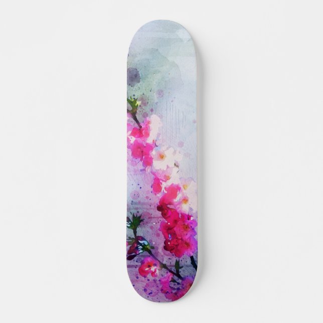 Cherry Blossom Watercolor Art Skateboard (Front)