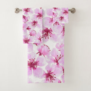 Cherry blossom watercolor bath towel set