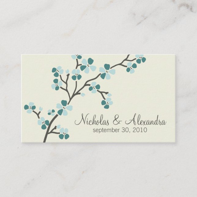 Cherry Blossom Wedding Business Card (teal) (Front)
