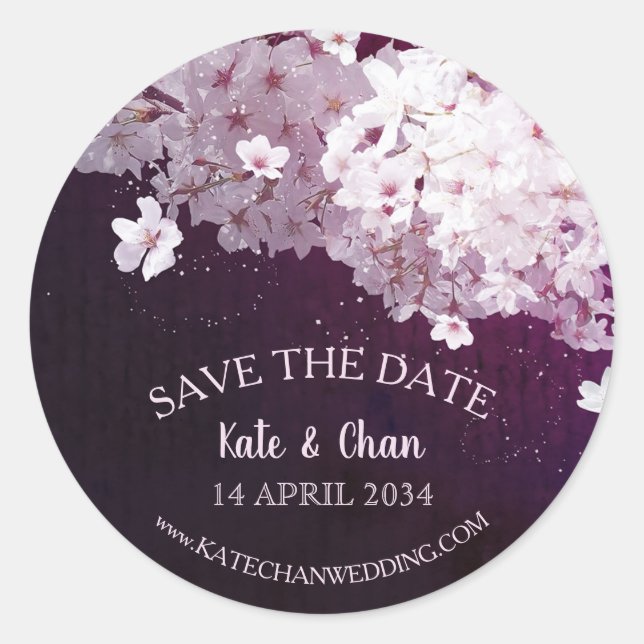 Cherry Blossom Wedding Save the Date Classic Round Sticker (Front)