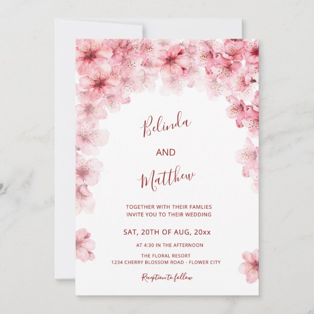  Cherry Blossom White Arched Casual Wedding Invitation (Front)
