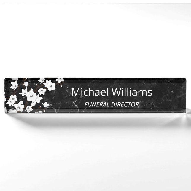 Cherry Blossom White Black Marble Funeral Director Nameplate (Front)