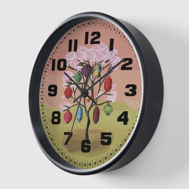 Cherry Blossom with oriental paper lanterns Clock (Angle)