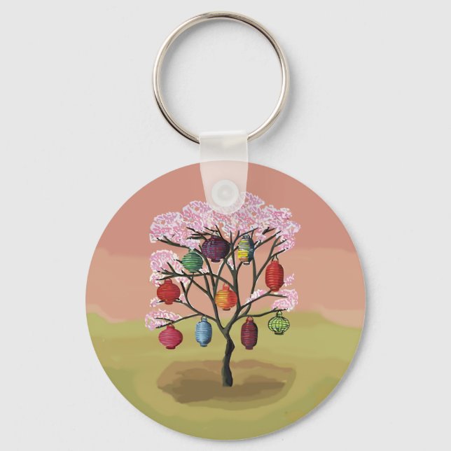 Cherry Blossom with oriental paper lanterns Keychain (Front)