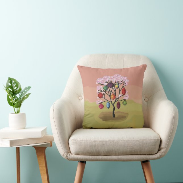 Cherry Blossom with oriental paper lanterns Throw Pillow (Chair)