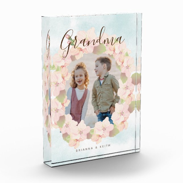 Cherry Blossom Wreath Grandma Pink Photo Block (Left)