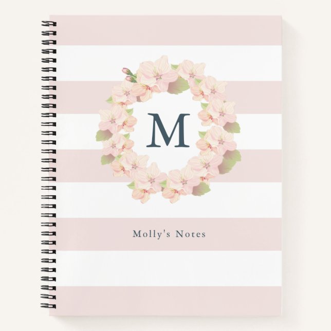 Cherry Blossom Wreath Pink Monogram Notebook (Front)