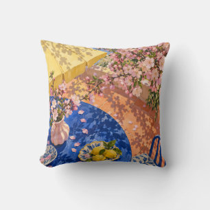 Cherry Blossom Yellow Parasol Blue Table Lemons Throw Pillow