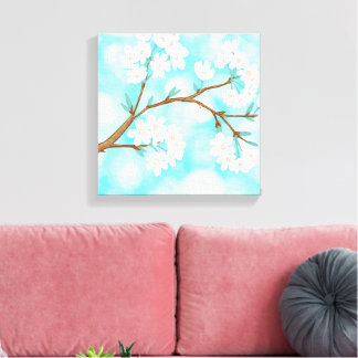 Cherry Blossoms against blue sky with clouds Canvas Print