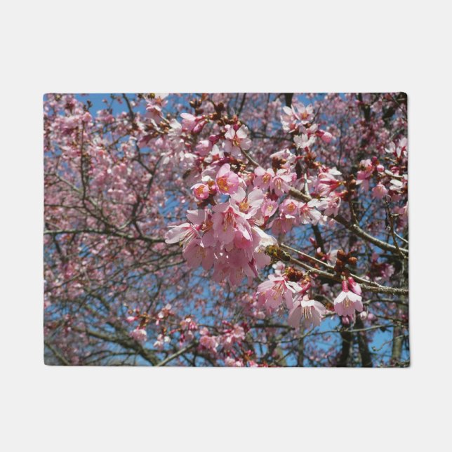 Cherry Blossoms and Bee Pink Spring Flowers Doormat (Front)