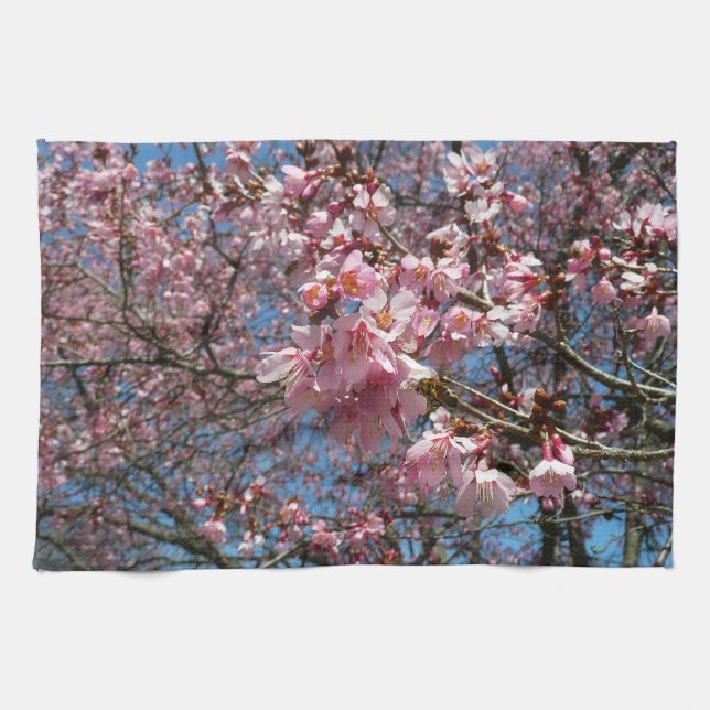 Cherry Blossoms and Bee Pink Spring Flowers Kitchen Towel (Horizontal)