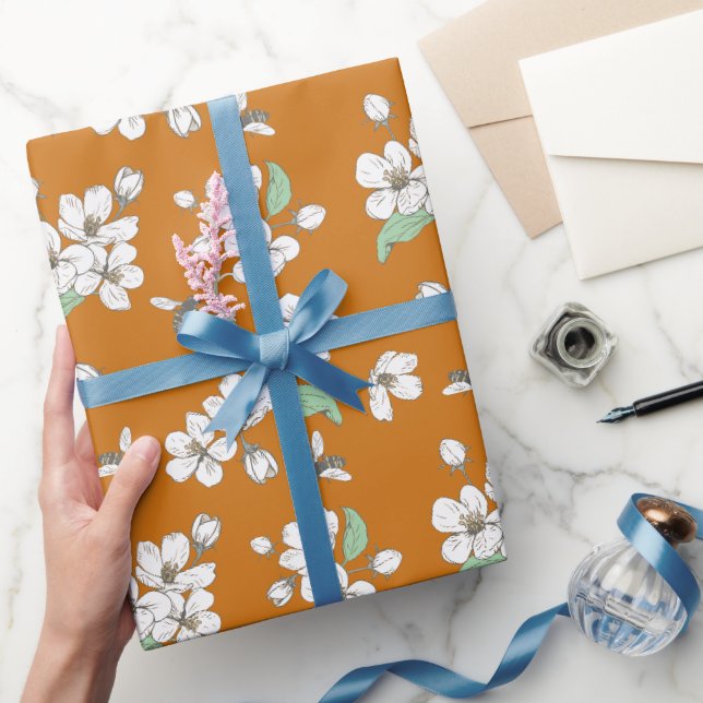Cherry Blossoms and Bees Amber Seamless Wrapping Paper (Gifting)