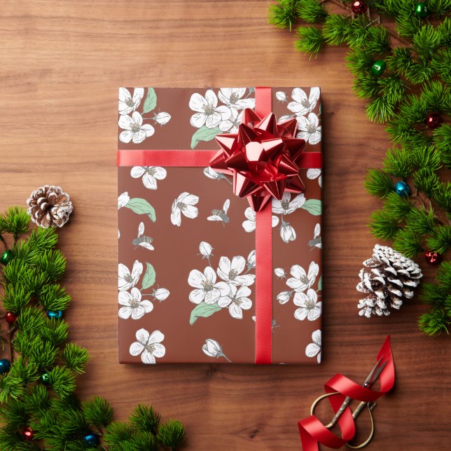Cherry Blossoms and Bees Dark Amber Seamless Wrapping Paper (Holiday Gift)