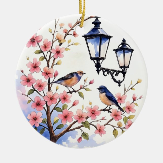 Cherry Blossoms and birds Ceramic Ornament (Front)