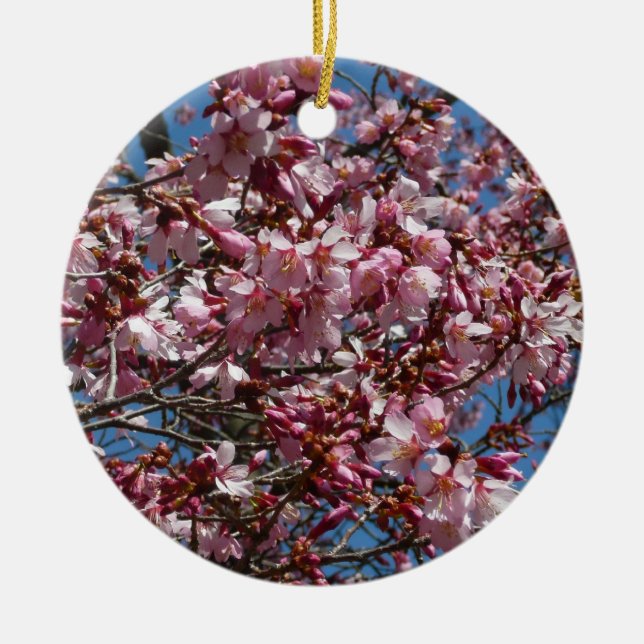 Cherry Blossoms and Blue Sky Spring Floral Ceramic Ornament (Front)
