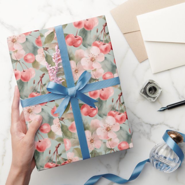 Cherry Blossoms and cherries Spring Art  Wrapping Paper (Gifting)