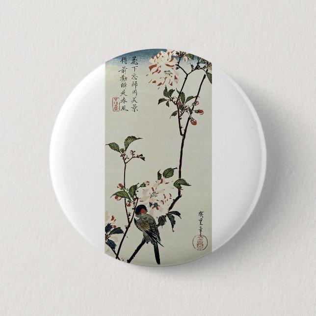 Cherry Blossoms and Small Bird 2 Inch Round Button (Front)