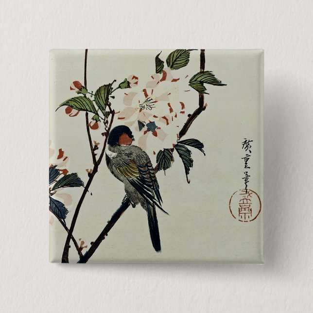 Cherry Blossoms and Small Bird 2 Inch Square Button (Front)