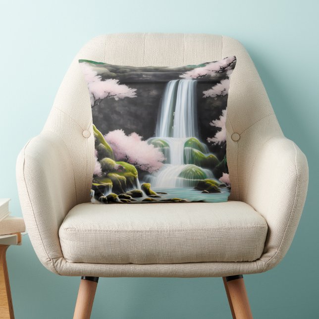  Cherry Blossoms And Waterfall In Japan Throw Pillow (Creator Uploaded)