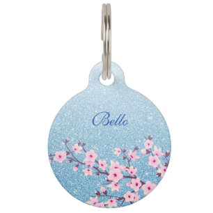 Cherry Blossoms Blue Glitter Add Name Pet Tag