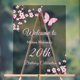 Cherry Blossoms Butterfly Birthday Acrylic Sign