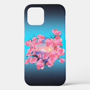 Cherry Blossoms by Mount Fuji in blue ombre iPhone 12 Pro Case