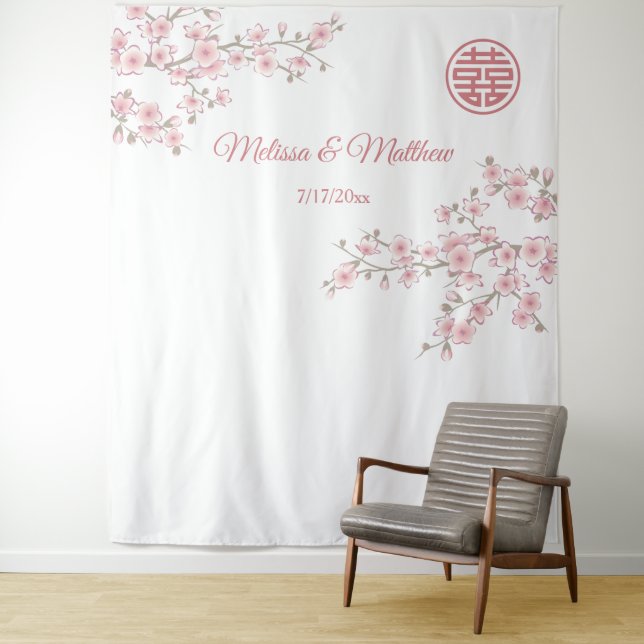 Cherry Blossoms Chinese Wedding Backdrop Tapestry (In Situ)