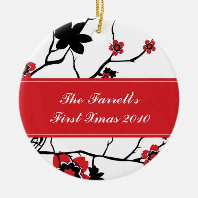 Cherry Blossoms Couples 1st Christmas Ceramic Ornament (Front)