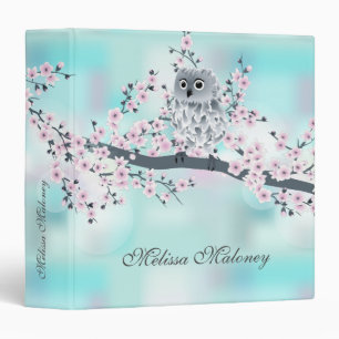 Cherry Blossoms Cute Owl Dusky Pink Turquoise Name Binder