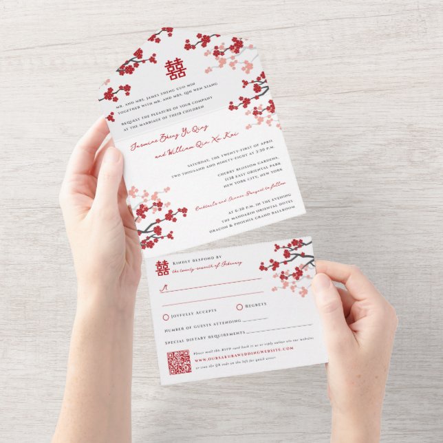 Cherry Blossoms Double Happiness Chinese Wedding All In One Invitation (Tearaway)