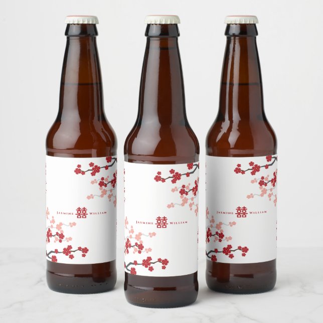 Cherry Blossoms Double Happiness Chinese Wedding Beer Bottle Label (Bottles)