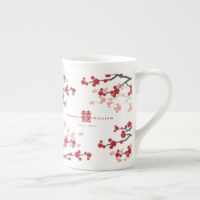 Cherry Blossoms & Double Happiness Chinese Wedding Bone China Mug (Right)