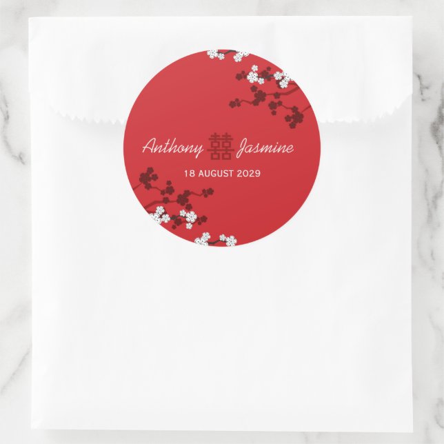 Cherry Blossoms Double Happiness Chinese Wedding  Classic Round Sticker (Bag)