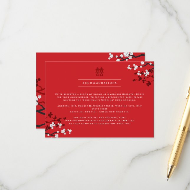 Cherry Blossoms & Double Happiness Chinese Wedding Enclosure Card (Front/Back In Situ)
