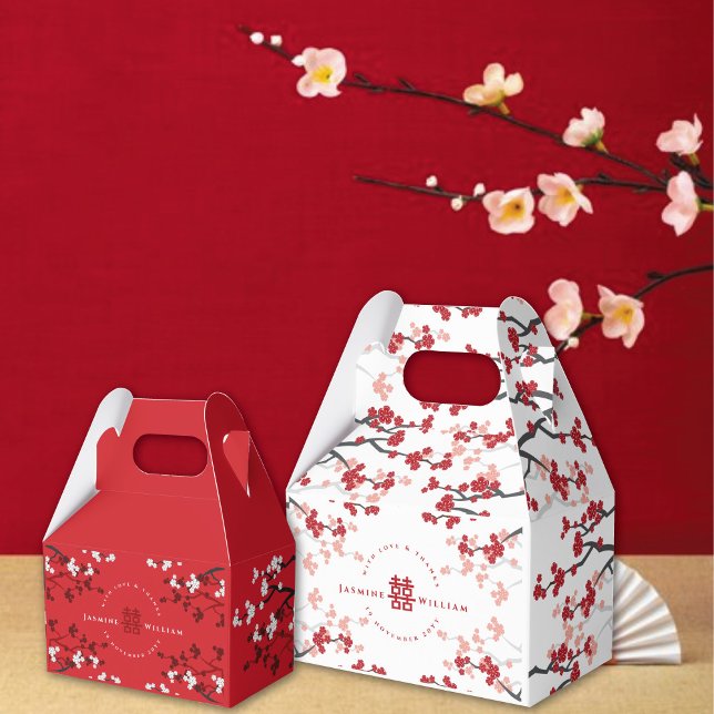 Cherry Blossoms & Double Happiness Chinese Wedding Favor Box (Red/White Cherry Blossoms Double Happiness Chinese Wedding Party Favor Boxes @ fatfatin_red_knot)
