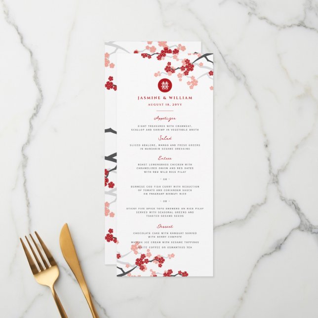 Cherry Blossoms Double Happiness Chinese Wedding Menu (Front/Back In Situ)