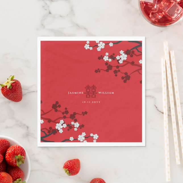 Cherry Blossoms & Double Happiness Chinese Wedding Napkin (Insitu)