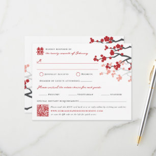 Cherry Blossoms & Double Happiness Chinese Wedding RSVP Card