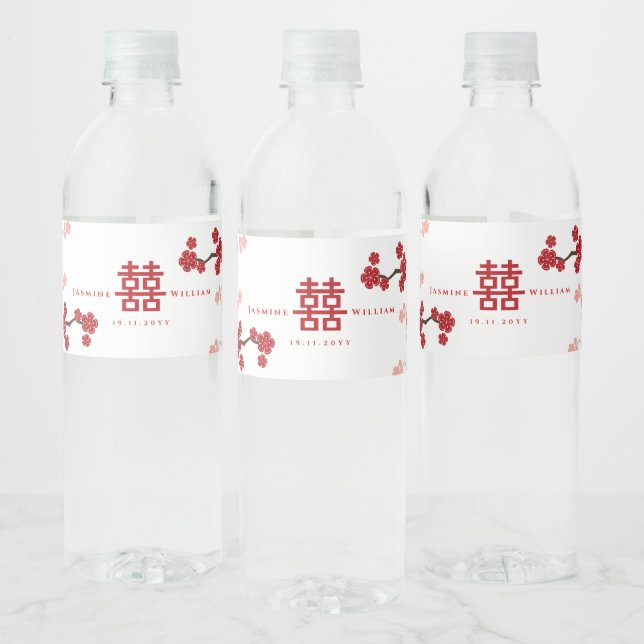 Cherry Blossoms & Double Happiness Chinese Wedding Water Bottle Label (Bottles)