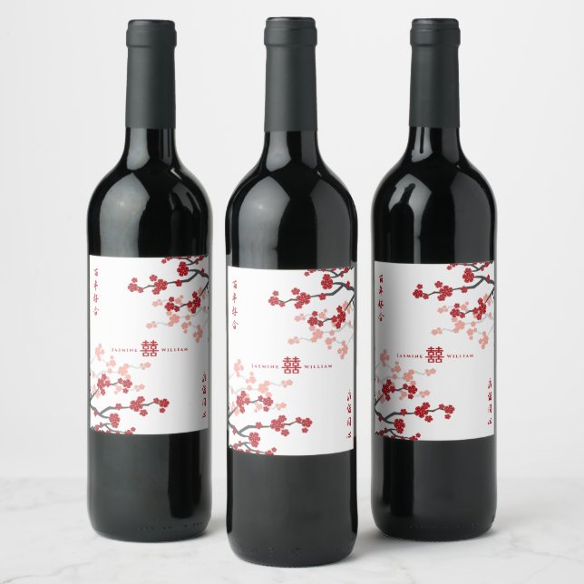 Cherry Blossoms Double Happiness Chinese Wedding Wine Label (Bottles)