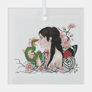 Cherry Blossoms Dragon Serenity Asian Fairy Glass Ornament
