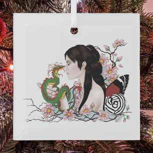 Cherry Blossoms Dragon Serenity Asian Fairy Glass Ornament