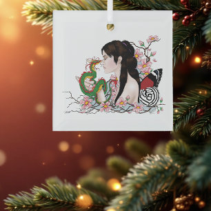 Cherry Blossoms Dragon Serenity Asian Fairy  Glass Ornament