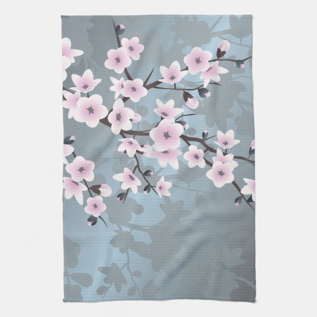 Cherry Blossoms Dusky Pink Blue Floral Kitchen Towel (Vertical)