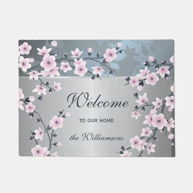 Cherry Blossoms Dusky Pink Welcome Doormat (Front)