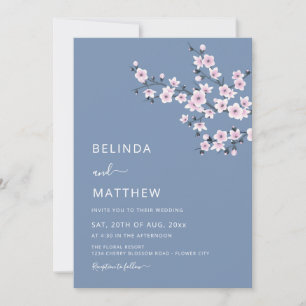 Cherry Blossoms Dusty Pink Blue Casual Wedding Invitation
