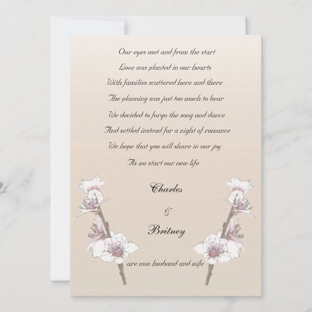 Cherry Blossoms elopement announcement (Front)
