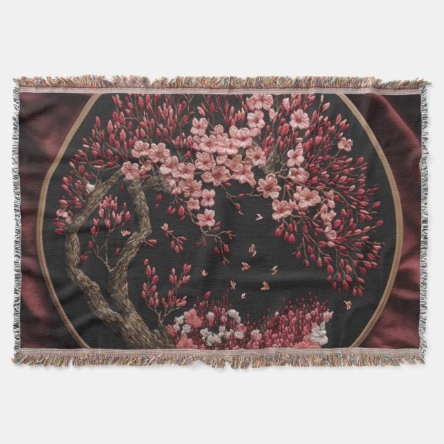 Cherry Blossoms Embroidered Wedding Vintage Wrappi Throw Blanket (Front)