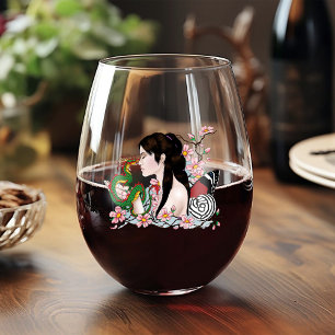 Cherry Blossoms Fairy Dragon Friendship Stemless Wine Glass