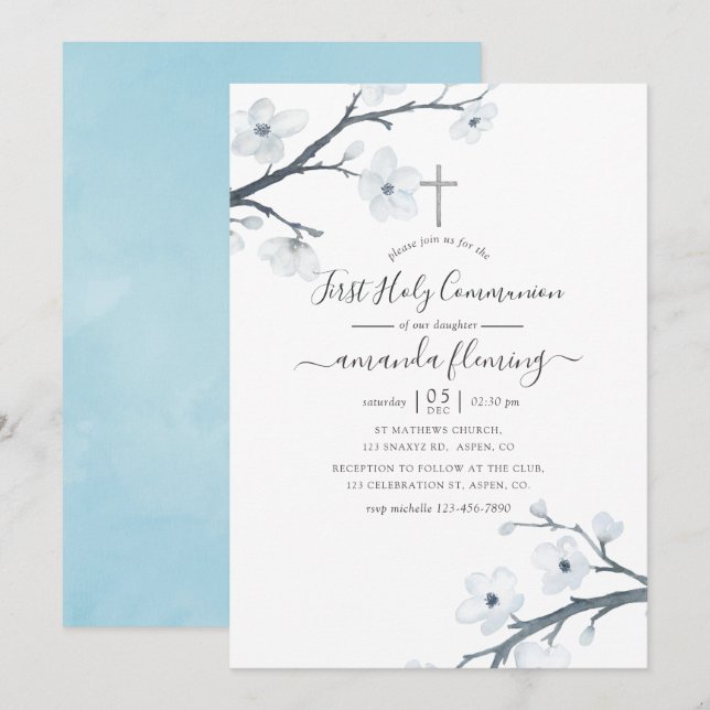 Cherry Blossoms First Holy Communion Invitation (Front/Back)